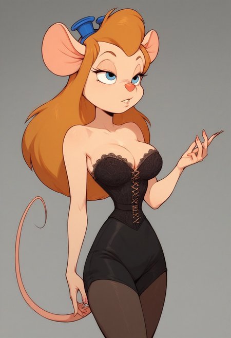 score_9, score_8_up, score_7_up, break, 
solo, 1girl, Gadget, sexy rat girl, Mouse tail, bald head, perfect face, thin waist, focus on furry, big natural breasts, dominatrix, lace corset, cleavage,