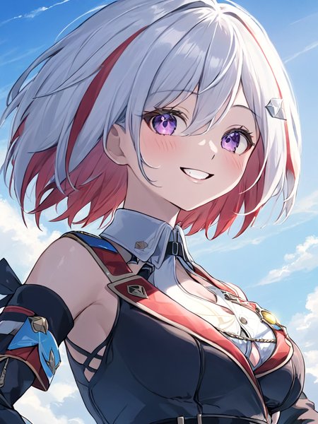 ultra-detailed,(best quality),((masterpiece)),(highres),original,extremely,  <lora:tuopax_xl-000008:1>,1girl, smile, solo, gloves, multicolored hair, red hair, purple eyes, breasts, looking at viewer, black gloves, short hair, holding, hand on hip, white hair, sky, grin, bangs, two-tone hair, medium breasts, upper body, day, blush, watch, hair between eyes, blue sky, teeth, outdoors