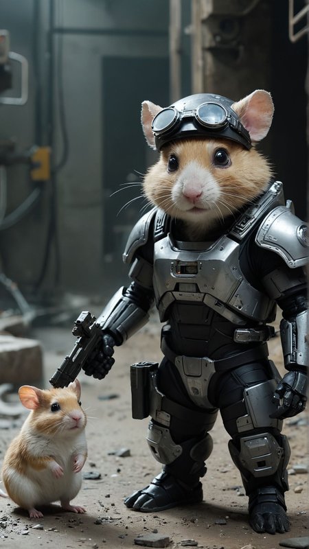 A dystopian soldier in a ruined cityscape, wearing high-tech armor and a helmet with a visor, holding a futuristic rifle, with a robot dog by his side A mad scientist hamster in a tiny lab coat, conducting bizarre experiments with miniature beakers and test tubes in a secret lab hidden inside a hamster wheel
Ultra realistic, professional photo, uhd, 8k
<lora:add-detail-xl:1>
<lora:CinematicStyle_v1:0.7>
OverallDetailXL