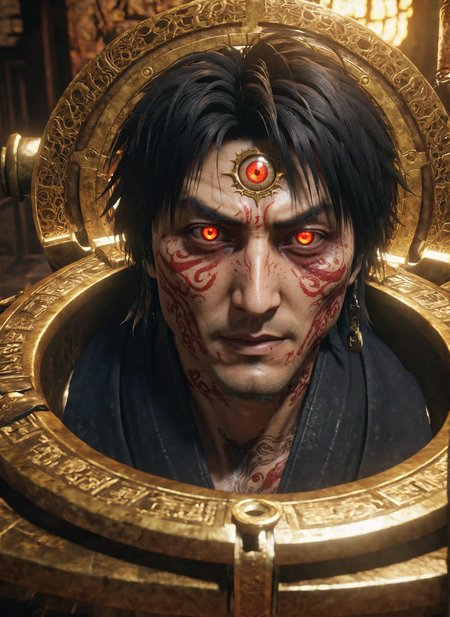 toilet,red eyes,in the style of niohxl  <lora:niohxl-step00000300:0.4>,more eyes,golden tattoos,masterpiece,8k,cinematic,epic