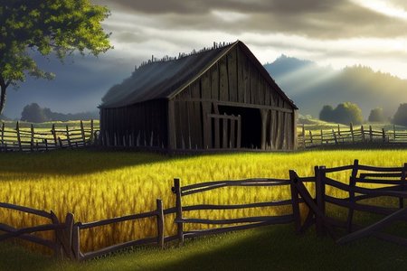 RAW photo, (masterpiece:1.3), subsurface scattering, heavy shadow, (high quality:1.4), (intricate, high detail:1.2), professional photography, HDR, High Dynamic Range, realistic, ultra realistic, photorealistic, high resolution, film photography, ambient lighting, atmospheric effects, <lora:detail_slider_v4:2>, OverallDetail,  farm, fields, barn, fence, fantfa, <lora:FantasyFarm:1>