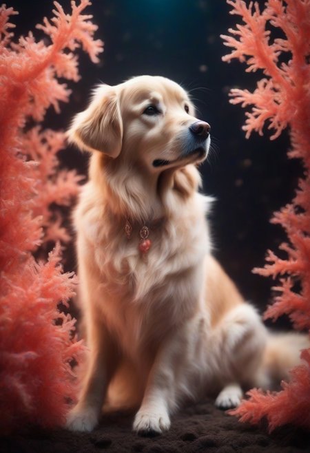 A cute golden retriever next to a cute calico cat, cat and dog made of coral, (both made of coral), realistic fantasy, good composition, soft lighting, bokeh