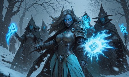 deathknight style,a witch's coven fights for power,8k,masterpiece,realistic,glowing eyes,epic,trending on artstation,hyperdetailed photography,sharp focus,frost theme,(p. craig russell:1.2), <lora:deathknightsyleXL-000004:0.7>,snowing