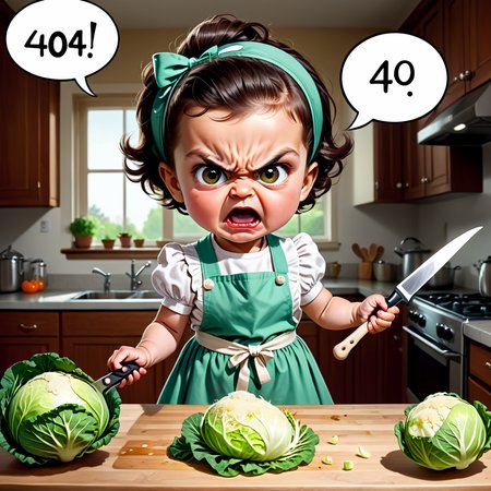 Baby girl,  4 yo,  dressed as housewife,  apron,  angry kitchen,  big knife furiously attacks a head of cabbage,  Comic strip speech bubble "404"
Negative prompt: negativeXL_D 3d,    closed eyes,   book,    typo,   low quality,   plastic,   2 heads,   2 faces,   tiling,   poorly drawn,   ugly,   poorly drawn face,   extra arms,   extra legs,   ugly,   bad anatomy
Steps: 30, Sampler: Euler, CFG scale: 8.0, Seed: 2188288091, Size: 1024x1024, Model: starlightAnimated_v3-5, Denoising strength: 0, Clip skip: 2, Style Selector Enabled: True, Style Selector Randomize: False, Style Selector Style: base, TI hashes: "negativeXL_D, negativeXL_D", Version: v1.6.0.82-2-g43c698d, TaskID: 661496135491314204
Used Embeddings: "negativeXL_D, negativeXL_D"