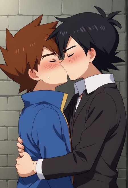 source_anime, highly detailed, 2boys, skinny ash3, 1boy, male focus, black hair, jacket, shirt, black shirt, BREAK gary_j, 1boy, brown hair, short hair, BREAK outdoor, upper body, hug, blush, shy, kiss, closed eyes,