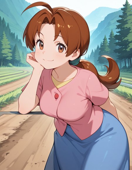 masterpiece, best quality, amazing quality,, <lora:delia-ketchum-illustriousxl-lora-nochekaiser:1>, delia ketchum, brown hair, brown eyes, parted bangs, ahoge, ponytail, low ponytail, mature female, medium breasts, shirt, pink shirt, short sleeves, skirt, blue skirt, long skirt,, head rest, smug, dirt road, rural, path, dust, nature, cowboy shot, solo, looking at viewer