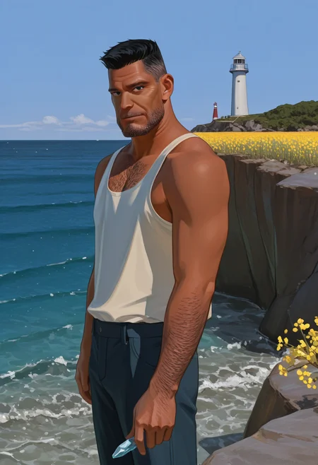 1boy, standing, looking at viewer, white tank top, 
BREAK
<lora:Inspector_Yuminaga_from_Detective_Conan_v1.0:1> 
inspectoryuminaga, old man, black hair, flattop, dark skin,
BREAK
<lora:Best_Dad_Ever:0.4> b1gd4d, thick arm hair, thick chest hair,
BREAK
outdoors, horizon, rapeseed blossoms, blue pickup truck, holding crystal, ocean, cliff, lighthouse, lighthouse,
<lora:Elegence_Niji:1> 3l3ganc3,
BREAK
very awa, masterpiece, best quality, absurdres, newest, perfect quality, detailed background, intricate details,
