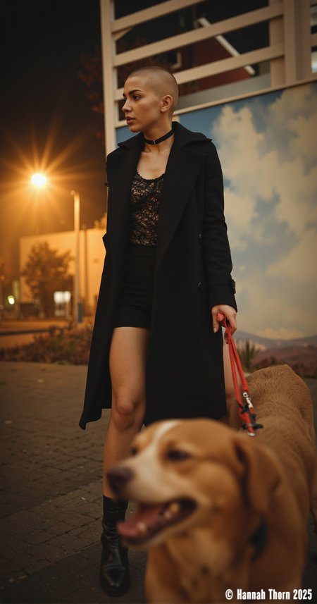 A solitary, intense figure with shaved head, clad in a long coat over lace top, shorts, choker, and boots, forcefully leads a snarling dog on a leash against an energetic landscape painting backdrop. Captured low angle with a RED DSMC2 MONSTRO 8K VV, 50mm lens, f/1.8, showcasing extreme detail and wide dynamic range. Illuminated by soft, diffused street lamps creating high contrast shadows and atmospheric haze with shallow depth of field. Composed via rule of thirds, post-processed for a grainy, classic film noir, natural photograph aesthetic. Inspired by Helmut Newton and Ruslan Lobanov.<lora:_Flux\_Skin_Appearance\detailifier_flux-000006.safetensors:0.8000000000000002:0.8000000000000002>