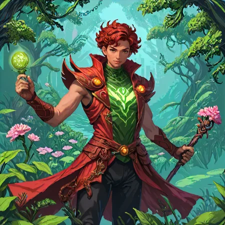 <lora:!action-sdxl-V0.5:1> zdyna_pose <lora:add-detail-xl:0.8> <lora:rpg_portrait:1> rpg portrait, photograph, villain BREAK (style-swirlmagic:0.8), solo, from front, front view, upper body,  detailed background, detailed face, (<lora:CyberPunkAIp:0.6>, neon, CyberpunkAI theme:1.1), biomancer,  nature themed  red mage sleeveless attire, leaf cape, organic jewelry, wielding gnarled scepter of nature, (green color scheme:1.1), surrounded by floral magic,  gracefully manipulating flowers, dynamic pose, floating leaves, springtime revival, , verdant nature, , overgrowth, , bloom flowercaster, lavenders, , carnations, , marigolds, enchanted canopy in background,   ethereal magical atmosphere,