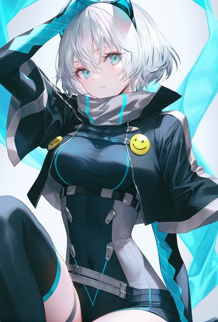 artist:gomzi,artist:wanke,artist:diyokama, rei_(sanbonzakura),[[artist:fuzichoco]],year 2023,
1girl, solo, icey, blue eyes, grey hair, short hair, fake animal ears,
neon trim, grey scarf, cropped jacket, black jacket, black bodysuit, blue gloves, multiple belts, button badge, smiley face, short shorts, taut clothes,
thigh boots, thigh strap, blue footwear,
 <lora:icey.naixl1:1>