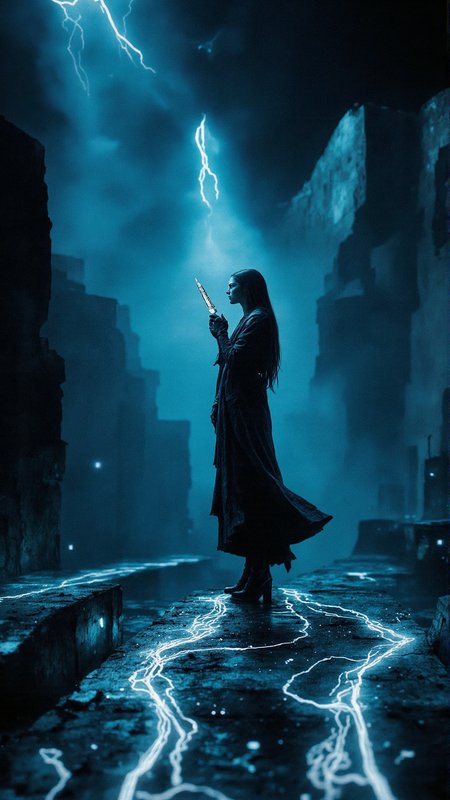 In a dimly lit, futuristic laboratory, a time traveler stands at the edge of a flowing liquid, her eyes fixed on a distant point beyond the horizon. The air is thick with an eerie, dark blue mist that seems to seep from the very walls themselves.  Spotlights cast long shadows across the room, illuminating the contours of the time traveler's face and the sleek, metallic surface of the device she holds. A beam of light cuts through the gloom, casting an otherworldly glow over the entire scene.  The camera angle is low and dramatic, placing the viewer at the time, <lora:Flux_Turbo_Alpha.safetensors:1.0> <lora:Wiz-The_Grit.safetensors:0.5> gritty poster art <lora:aidmaFLUXpro1.1-FLUX-V0.2.safetensors:0.7> aidmafluxpro1.1