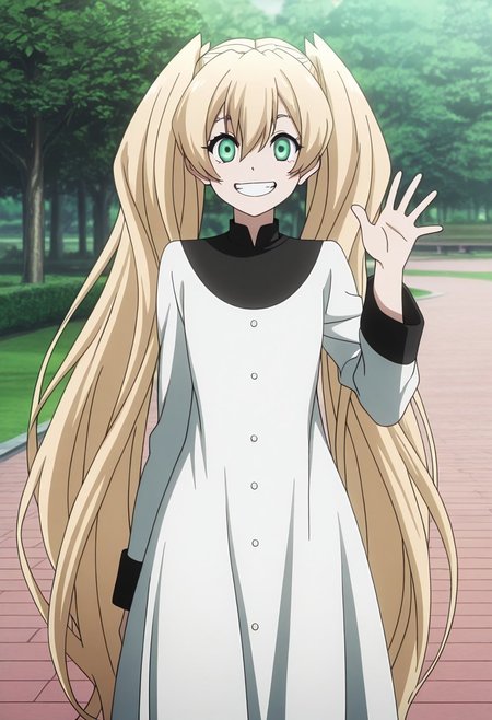 masterpiece,perfect quality,best quality,absolutely eye-catching,absurdres,highres,newest,anime coloring, anime screencap,(1girl,solo),White_KKS, very long hair, blonde hair, green eyes, twintails, white dress, standing, grin, waving, looking at viewer, park, sunny, outdoors,