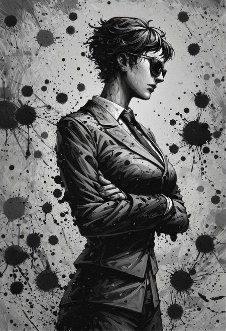 score_9, score_8_up, score_7_up, score_6_up, ink splats, monochrome, 1girl, business suit, black tie, sunglasses, very short hair, abstract background,crossed arms