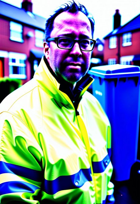 Very detailed, hi res
40 year old man, thickset, very short dark hair, miserable, haggard, stubble, wearing hi vis jacket, thick glasses, double-chin, jowls, clipboard, raining
standing by wheelie bins, big house with lawn and tall chimneys, small waste van, close-up 
<lora:Bucksman:0.7>