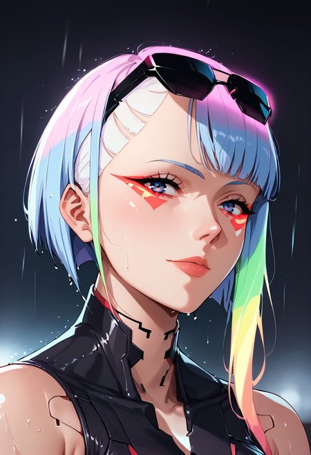 score_9, score_8_up, score_7_up, source_anime, portrait, depth of field, 1girl, lucy \(cyberpunk\), short hair, bangs,  glowing neon multicolored hair, multicolored eyes, red eyeliner, glowing neon makeup, bare shoulders, black belt, bodysuit, white open jacket, looking at viewer, light smile, glowing neon aviator sunglasses, n30n, neon lights, rain, xenotr1p, noir, cyberpunk,