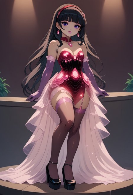 score_9, score_8_up, score_7_up, source_anime, uncensored, best quality, ((masterpiece)), 4k, absurdres, retro style,, nightclub, fullbody, ((handbag)), small body, Futanari, thin legs, round tip, <lora:long_eyelash:0.3>, long eyelashes, ultra detailed eyes, beautiful eyes, bright eyes, faint lips, very large hoop earrings, nsfw, cute smile, gold bracelets, gold anklets, saturated colors, high contrast, sultry, (sexy), ((pantyhose)), pantyhoses, streaked hair, flat chest, gyaru gal, makeup, long eyelashes, glossy lipstick, mascara, blush, eyeshadow, jewel necklace, rich girl, sparkles, (glittering pastel clothing, glossy sparkling fabric), sharp focus, (((high heels, platform mary janes))), ((stockings, gaterbelt, tight dress, tight shirt)), bioluminescent, j3ss1c4r4bb1tdr3ss, cleavage, elbow gloves, long red glitter dress,side slit,strapless dress, red dress, purple gloves,
(((1girl, daidouji tomoyo, black hair, long hair, blunt bangs, hairband, long hair, purple eyes)))