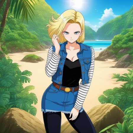 anime artwork a blond woman wears a jean jacket, black tights, a jean miniskirt, beach jungle, touches her hair <lora:Android18-1024:0.8> . anime style, key visual, vibrant, studio anime,  highly detailed