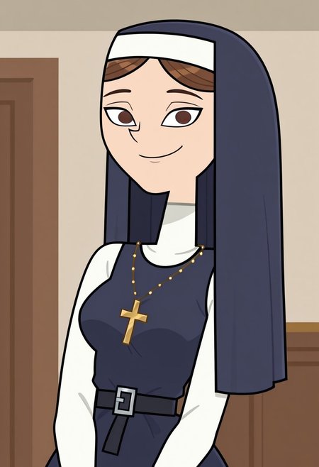 score_9,score_8_up,score_7_up, 1girl, solo, Isabel_DC_IL, fair skin, brown hair, straight hair, dark brown eyes, dark prussian blue nun veil, white nun coif, golden cross necklace, black belt, square buckle, dark prussian blue nun tunic, looking at viewer, indoors, room background, (portrait) standing, smile