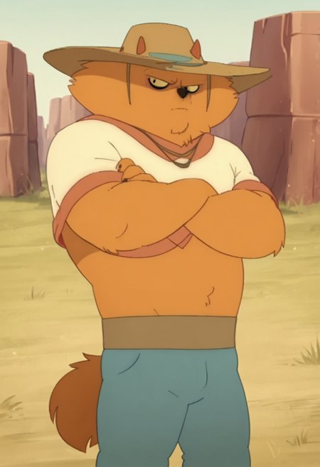 <lora:KanigrooPony1.0:1> Kanigroo, crossed arms, standing, 1boy, poncho, solo, outdoors, furry male, cowboy hat, male focus, orange fur, pants, tail, closed mouth, young, horns score_9, score_8_up, score_7_up, score_6_up, score_5_up, score_4_up, looking at viewer, hand on own hip, cowboy shot,