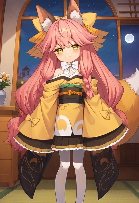 score_9, score_8_up, score_7_up, source_anime, prefect lighting, very aesthetic, intricate details, highly detailed background, masterpiece, high quality, prefect hands, best quality, 1girl, (shortstack:0.8), solo, <lora:aria.pony:1>, aria, pink hair, long hair, braid, yellow eyes, animal ear fluff, fox ears, fox tail, yellow hair bow, small breasts, yellow kimono, japanese clothes, long sleeves, sleeves past wrists, wide sleeves, white bow, bare shoulders, white pantyhose, obi, ribbon, white footwear, gentle smile, blush, indoors, house, bedroom, night, night sky, looking at viewer, pov