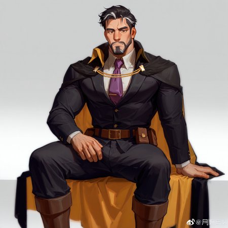 <lora:Matheo_(IL):.7> Matheo, short hair, greying black hair, white streaks, brown eyes, facial hair, beard, mature male, cape, black jacket, white shirt, purple necktie, belt, pouch, black pants, brown boots, sitting,
(very short hair, beard, bara, mature, facial hair, stubble, beard, full beard, sideburn, beard, a lot of beard, ), facial hair,male focus, muscular male, muscular male, bara, mature,  bara, mature, aixiwuganda_(20222192), very awa, masterpiece, best quality, absurdres, newest, perfect quality, detailed background, intricate details,
<lora:slider_Body Type_alpha1.0_rank4_noxattn_last:3><lora:style_Anime Summer Days 2 Style SDXL_LoRA_Pony Diffusion V6 XL:.6><lora:slider_cfg_scale_boost:.7><lora:face_Artist6p-10:.55>, Artist6p, Artist04p,<lora:slider_il_brightness_slider_d1:-1><lora:slider_il_contrast_slider_d1:-1><lora:slider_DarkSlider1.2_alpha1.0_rank16_full_300steps:-.6>