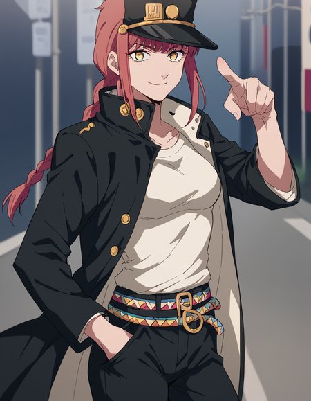 score_9, score_8_up, score_7_up, source_anime, <lora:chainsaw-man-makima-s1-ponyxl-lora-nochekaiser:1> makima, long hair, smile, bangs, yellow eyes, braid, red hair, braided ponytail, ringed eyes, medium breasts,, <lora:kujo-jotaro-cosplay-ponyxl-lora-nochekaiser:1>, kujo jotaro cosplay, kujo jotaro (cosplay), gakuran, cosplay, belt, black headwear, black jacket, black pants, high collar, multiple belts, pants, shirt,, street, jojo pose, pointing, hand in pocket, cowboy shot, looking at viewer,