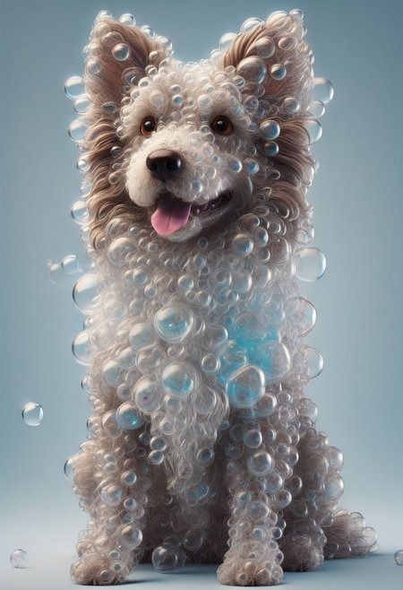 4k, realistic, fluffy hair, dark brown dog, happy look, light blue background ,full of Soap bubbles, colorful bubbles, bright bubbles,floating,