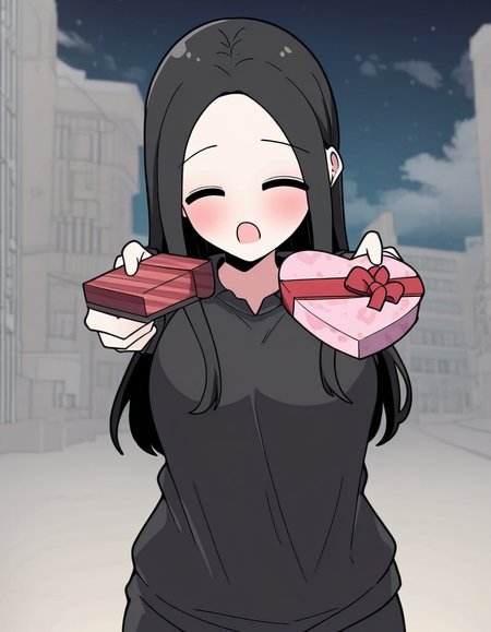 masterpiece, best quality, newest, absurdres, highres, safe,, <lora:yoo-jae-kyung-manhwa-illustriousxl-lora-nochekaiser:1>, yoo jae-kyung, long hair, large breasts, black hair, closed eyes, forehead,, <lora:heart-shaped-box-ponyxl-lora-nochekaiser:1>, heart-shaped box, holding, box, gift, valentine, incoming gift, closed eyes, blush, open mouth, outstretched arms, outdoors, night sky, clouds, shouting,, , cowboy shot, solo