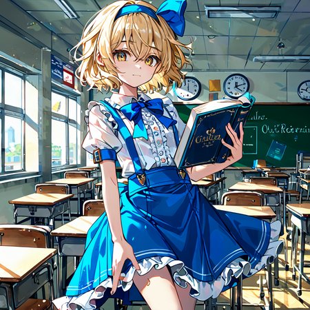 zPDXL2,score_9, score_8_up, score_7_up,  <lora:alice98:1>,1girl,alice98, blonde_hair,yellow eyes,short hair,blue_bow,blue_hairband,hair_ribbon,bow,clothes,frills,shirt,sleeve,short_sleeves,suspenders,suspender skirt,classroom,book,