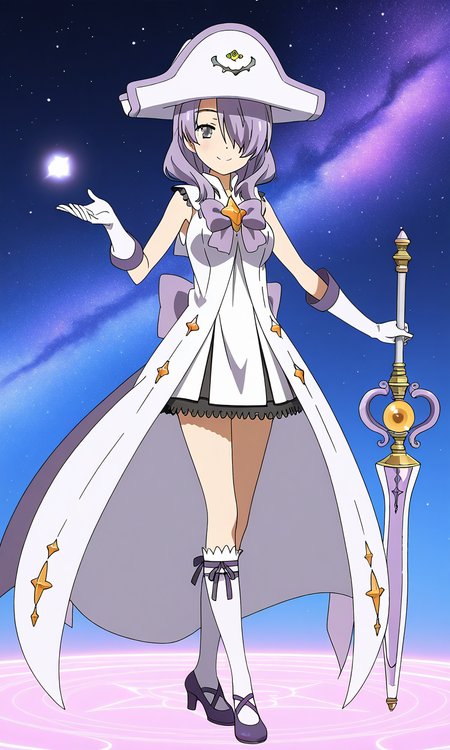 general,highres, ultra-detailed,very aesthetic,best quality ,best hands,  BREAK <lora:Nanako_Houkago_no_Pleiades_IS:1>Nanako(Pleiades), 1girl, purple hair, hair over one eye, purple eyes, long hair, breasts, anime coloring, Nanako(Pleiades), hat, witch   solo, gloves, white hat, smile, full body, dress,  grey eyes, bow, purple footwear, white dress, purple ribbon, napoleon hat,
looking at viewer, white gloves, kneehighs, socks, high heels, star (symbol), standing, purple bow, sleeveless, medium hair, magical girl,
galaxy, sky,