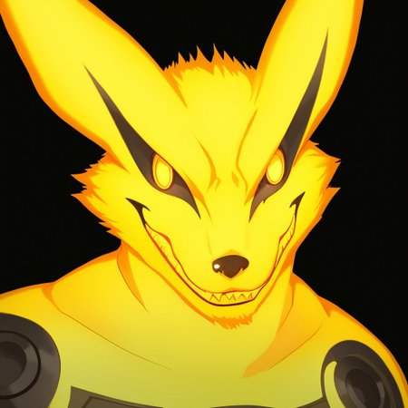 score_9, score_8_up, score_7_up, 1boy, solo,  Expressiveh, (TBMKurama, male fox, anthro, yellow body, glowing body, yellow eyes, no pupils, sharp teeth, smile, closed mouth), close-up, upper body, portrait, black background, simple background, 4k, masterpiece, best quality, highly detailed, realistic, uncensored, persona