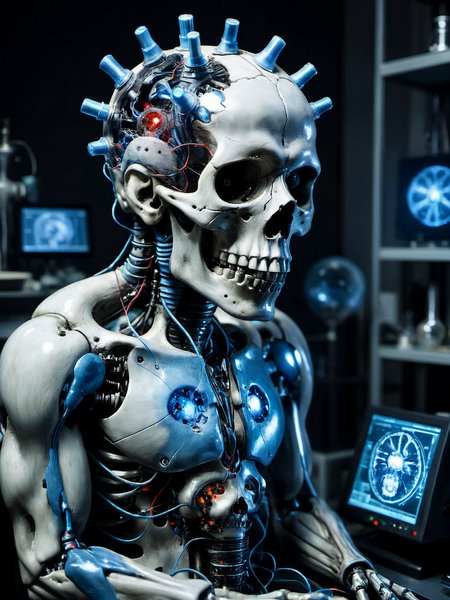 The forgotten experiment, the grey matter of the brain exposed within the human skull, electrical signals mutely firing visible as faint blue flashes of light, the man sits in the laboratory amongst a clutter of equipment surrounds him, ready to detect the moment of death.

<lora:RMSDXL_Enhance:1>,
<lora:add-detail-xl:0.8>,
<lora:RMSDXL_Darkness_Cinema:1>
