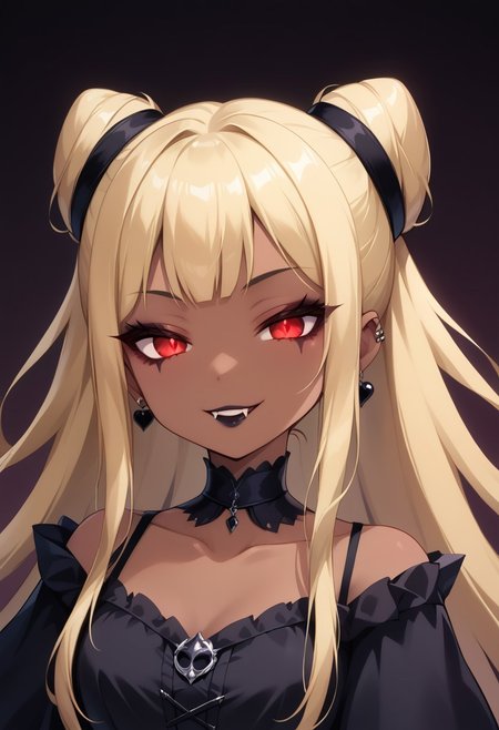 score_9, score_8_up, score_7_up, score_6_up, (haaru),concept art, digital artwork, highly detailed, sharp focus, portrait, okyannp5x, dark skinned woman, blonde hair, double bun, very long hair, <lora:princess_xl_v2:0.3>, <lora:VampirePonyLora:0.9> vampire, red eyes, glowing eyes, fangs, <lora:Gothic:1>, GothicC, makeup, black lipstick, mascara, black nails, gothic dress, black dress, red dress, covered shoulders, fishnet, half closed eyes, smug, evil smile, dark background