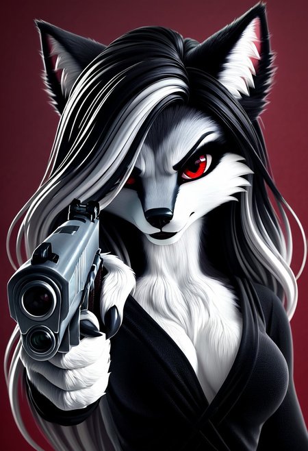 masterpiece, score_9_up, score_8_up, score_7_up, score_6_up, source_furry, (best quality:1.1), ultra-detailed, high resolution, solo, highly detailed macro illustration, solo, 1girl, Zirra, anthro, fox canine, female, black fluffy ears, white fluff in ears, black thin eyebrows, two-colored hair, black and white hair, (beautiful red eyes), long eyelashes, slim, athletic, hair over one eye, long hair, two-color fur, black fur, white fur, black animal nose, breasts, black lipstick, black top, silver necklace (evil face angry facial expression:1.2), frown BREAK indoors, blurred red background<lora:HandPointingAGunMeme_XLPD:0.8> holding weapon, handgun, holding gun, aiming at viewer, revolver, paws on trigger, black claws, highly visible, anatomically correct