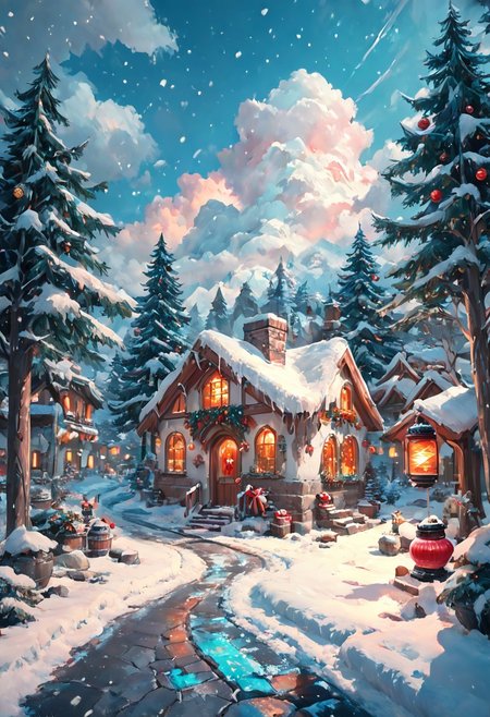 Score_9, Score_8, Score_7, FF Christmas Painting Style,  outdoors, sky, day, cloud, blue sky, tree, night, building, scenery, christmas, snow, lantern, snowing, mountain, road, house, winter, christmas tree, lamppost, christmas ornaments, pine tree