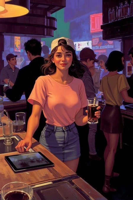 sydme1 painting 
The air buzzes with the energy of a busy bar, a mix of music, conversation, and the clinking of glasses. A barmaid, the embodiment of youthful vibrancy, navigates the lively scene. She wears a peach-coloured T-shirt, the soft fabric contrasting with the smooth, cold glass of coke she carries on a small tablet. Her short skirt adds a playful touch, and a backwards baseball cap hints at a carefree attitude. The setting and atmosphere are palpable: the warm, slightly sticky surface of the bar counter under her fingertips, the dim, colourful lighting that casts playful shadows. Sensory details are abundant: the condensation forming on the glass of coke, the texture of her denim skirt, and the way the bar lights catch the highlights in her hair. Her confident stride, her quick smile, and her efficient movements. Stylistically, the image draws inspiration from the vibrant, candid shots of nightlife photographers, with a touch of the stylized realism found in contemporary illustration. There's a deliberate contrast between the barmaid's youthful energy and the slightly worn, lived-in atmosphere of the bar, creating a dynamic and engaging image.  <lora:sydme6_cap_d6a3:1.0><lora:811007211519114403:0>