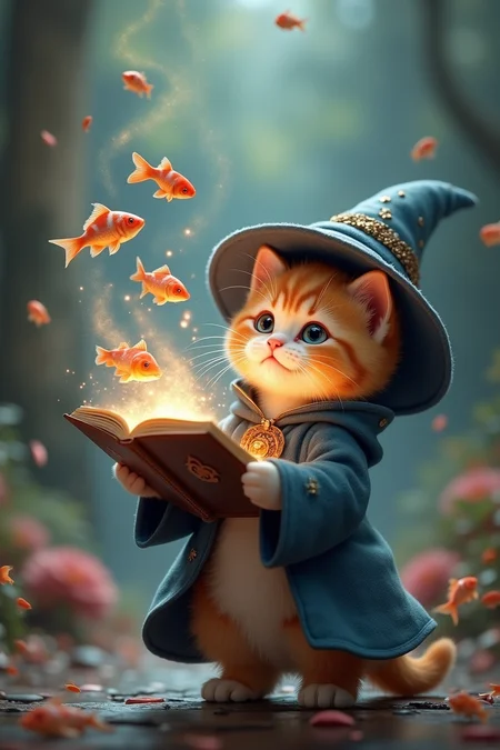 A hyper-detailed and ultra-high-definition scene depicting a magical world where a cute kitten is casting spells to summon (fish:1.4) from a magic book. The kitten, perfectly rendered with accurate anatomy and incredible detail, is dressed in an adorable witch's robe and hat. The kitten is holding a magic book in one paw, from which fish are jumping into the air, surrounded by a flow of magical energy. The scene captures the whimsical and enchanting atmosphere, with the kitten's full body in view, exuding a kawaii charm.
hyper-detailed, ultra-high-definition, magical world, cute kitten, accurate anatomy, witches robe, witches hat, magic book, spellcasting, fish in the air, energy flow, whimsical, enchanting, kawaii, adorable, masterpiece, amazing quality, best quality. (flying fish:1.3)