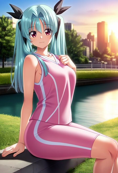 masterpiece, best quality, amazing quality,yume kominami, red eyes, blue hair, twintails, hair ribbon, ahoge, 1girl, solo,long hair, ribbon, sleeveless,pink sportswear,closed mouth, light smile, sitting, looking at viewer, blurry background, cityscape, bridge, grass, tree, riverbank<lora:yume kominamiV1:1>