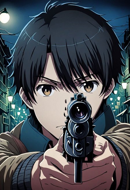 high resolution, solo, best quality, 1Boy, Inaho Kaizuka, Black Hair, portrait, midnight, dim street lights, mysterious, threatening, gun, aiming the gun to the viewer, OverallDetail
