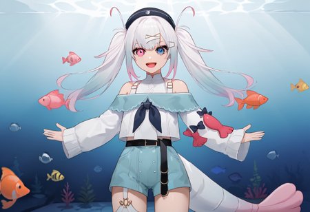 1girl, solo, Retsubol, twintails, hair ornament, long hair, white hair, multicolored hair, hairclip, bangs, gradient hair, pink hair, black headwear, 
blue eyes, heterochromia, pink eyes,
bare shoulders, off shoulder, long sleeves, white shirt, blue shorts, black belt, belt buckle, 
single thighhigh, asymmetrical legwear, tail,
spread arms, aquarium, looking at viewer, smile, open mouth, from side, legs apart, outstretched arms