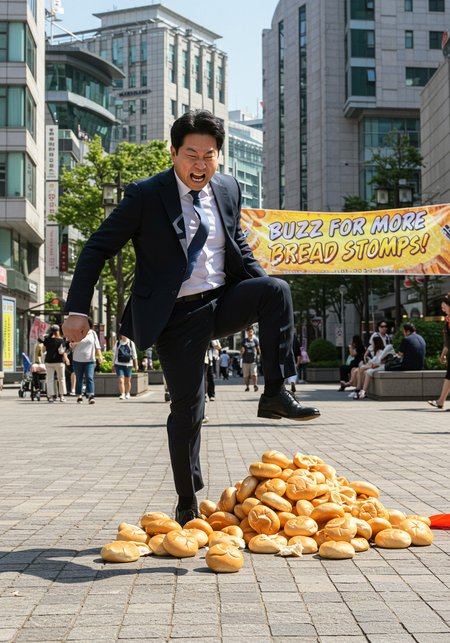 a korean business man stomp s on bread buns angrily in the middle of a city square . A banner reads ' BUZZ FOR MORE BREAD STOMPS!'