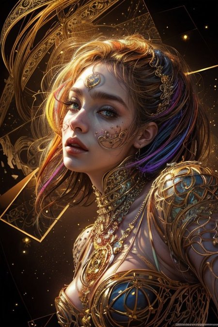 (((1girl))),(geometric abstract background:1.4), esoteric,  depth of field (zentangle, mandala, tangle, entangle) (photorealistic:1.4), official art, unity 8k wallpaper, ultra detailed, beautiful and aesthetic, masterpiece,best quality, (dynamic angle:1.4), glowing skin, (floating colorful sparkles:1) the most beautiful form of chaos, elegant, a brutalist designed, vivid colours, romanticism,back to camera,
