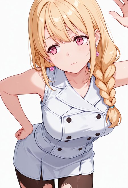 masterpiece,high quality details, absurdres,
 <lora:Yuriko:0.8>
yuriko_cnr, 1girl, blonde hair, long hair, single braid, pink eyes, mole, mole under eye,earrings,mature female,, simple background, white background, sideways,solo,, pain,light smile,, :<,, one hand on hip,bent forward at waist,one arm raised,, double-breasted,vest ,torn pantyhose,  ,var-legwear,