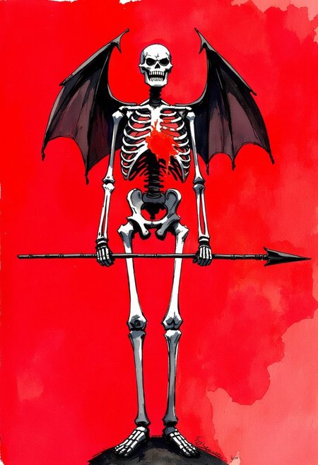 Watercolor painting of a negative colored paintsplash of a skeleton with demonwings, a bloody heart is visible through its ribcage. Holding a long spear. white on crimson red background.