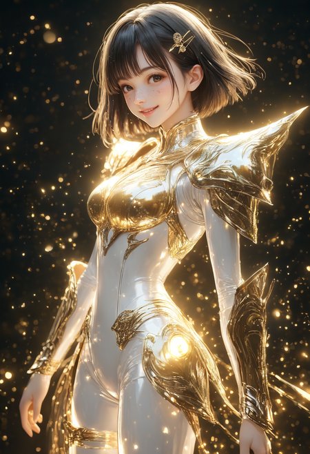 score_9, score_8_up, score_7_up, source_anime, masterpiece, best quality, perfect anatomy, very aesthetic, ((outlined outlined vector graphics)),no norm,
, cute face, glittering, glimmering,, black background, cowboy shot,  side view ,  looking at viewer  ,
1girl, solo, 20yo, black hair, black eyes, short bob hair, hair pin,mdeium  breast, slender,(white thigh strap:1.1) , gold bodysuit, skin tight, freckles, latex, glowing,, holy armor,  gold light, gold holy armor, fantasy,glowing, gold , half open eyes , pants, smile beam,   standing ,  ,  ,  ,happy<lora:holy-armor-01-step00000880:1.0>