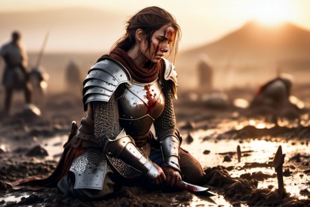 a female warrior kneeling on a battlefield, the war is over, she is bloodied and exhausted, her mithril chain mail is muddy and torn, defeated enemies lie scattered in the mud around her,  atmospheric, sunset, she is looking down with her head turned towards the viewer, (8k), rim lighting