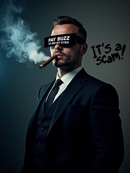A mysterious man with black censorship bars covering his eyes, standing confidently in a dimly lit room. He's wearing a sleek suit and smoking a luxurious cigar, exuding an air of intrigue. Above his eyes, stylized text reads "PAY BUZZ TO SEE MY EYES" in a futuristic, glowing font. The smoke from his cigar swirls around him, creating an atmospheric effect. In the background, partially hidden in the shadows, a small, graffiti-style text says "It's a scam!" This creates a contrast between the man's alluring appearance and the hidden warning