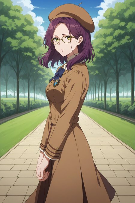 score_9, score_8_up, score_7_up, source_anime, 1girl, prefect lighting, very aesthetic, intricate details, highly detailed background, masterpiece, high quality, prefect hands, best quality, solo,
<lora:Amy_Bartlett_Violet_Evergarden_V1:.8>, kjoamy, purple hair, dark yellow eyes, green eyes, medium  hair, parted bangs, 
Brown school uniform, school badge, long brown skirt, glasses, beret,
expressionless, parted lips, own hands together, looking at viewer, from side,
sunny, park, sidewalk, stone floor, grass, tree, cloudy sky,
(Beautiful, medium Breasts:1.2), natural breasts,