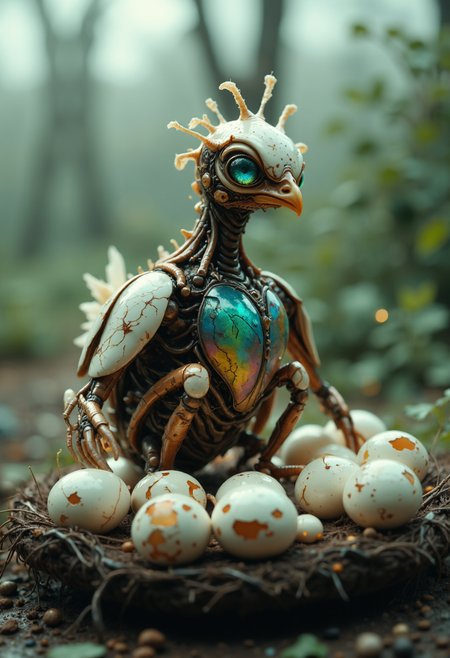 cinematic film still (chicken:1.5) made out of b10t4c34an, iridescent exoskeleton, (outdoors on a farm:1.5), (sitting on:1.45) a nest of cracked broken (alien eggs:1.75)  . shallow depth of field, vignette, highly detailed, high budget, bokeh, cinemascope, moody, epic, gorgeous, film grain, grainy