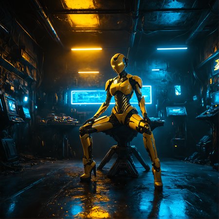 scifi post-apocalyptic theme, yellow metall flake costume, glittering, futuristic golden cyborg, woman biorobot,  scratches, dents, heavy used outfit, black visor, sniper, rifle, plazma gun in right hand, sitting at the roof of skyscrapper, pointing to the left,  in a neon cyber city, colorful, high contrast lighting, smooth contours and sharp lines, sci-fi element, 3d rendering , atmospheric, best quality, sharp focus, high contrast, stylized, dark, clear, surreal, ultra quality, 8k, best quality, masterpiece, midjourneyv6.1, detailmaximizer <lora:SDXL_Breast Size Slider:0.4> <lora:Realism_Lora_By_Stable_yogi_SDXL8.1:2>  <lora:Mechanism-pdxl-1:0.1> <lora:cinematic color motion picture film style:0.8> <lora:add-detail-xl:1> <lora:aidmaImageUpgraderSDXL-v0.3:0.1> <lora:S1_Dramatic_Lighting_v3:1> <lora:sdxl_glass:0.1> <lora:zy_Realism_Enhancer_v1:0.1>  <lora:SDXLFaeTastic2400:0.1> <lora:SDXLHighDetail_v6:0.1> <lora:SDXL_dark:0.5> <lora:d\EnvyZoomSliderXL01:-3> <lora:MidjourneyV6.1:0.5>